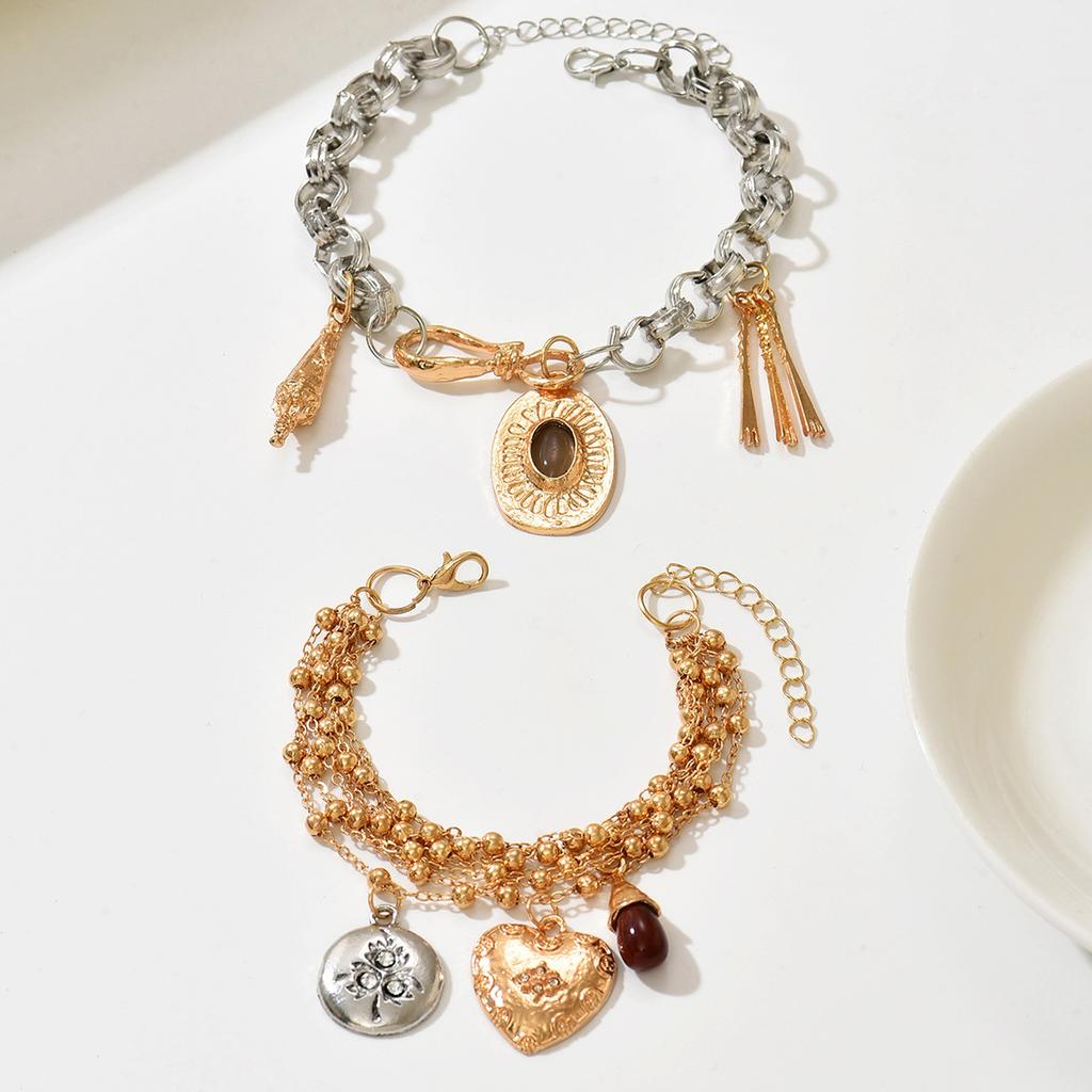 Vintage Pendant Bracelet Set, Multi-layer Metal Charm Jewelry Set