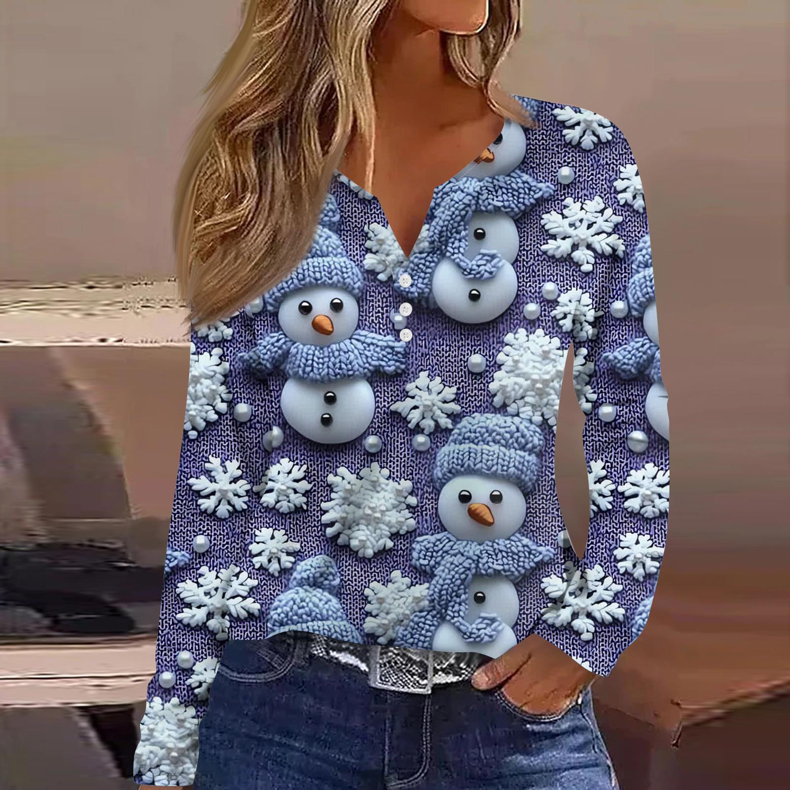 

Женская модная повседневная футболка с V-образным вырезом, на пуговицах, с длинным рукавом, с рождественским принтом S фиолетовый