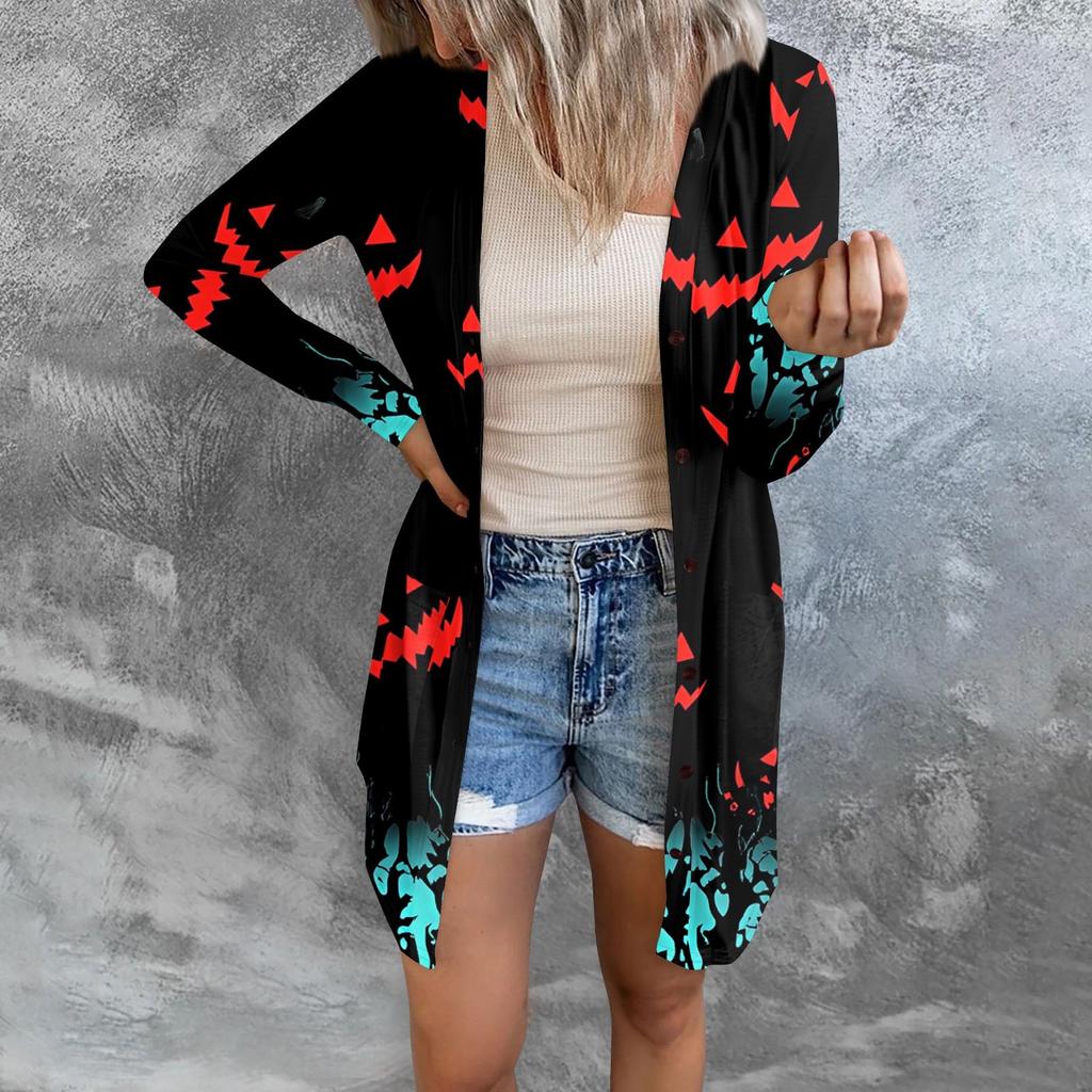 Women's Casual Cardigan Halloween Printed Long Sleeve Top With Pockets