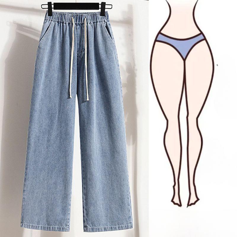 Nye Pluss Størrelse Jeans Sommer Dame Basic Elastiske Bukser med Vide Ben Løse Casual Dame Blå Bukser Bukser