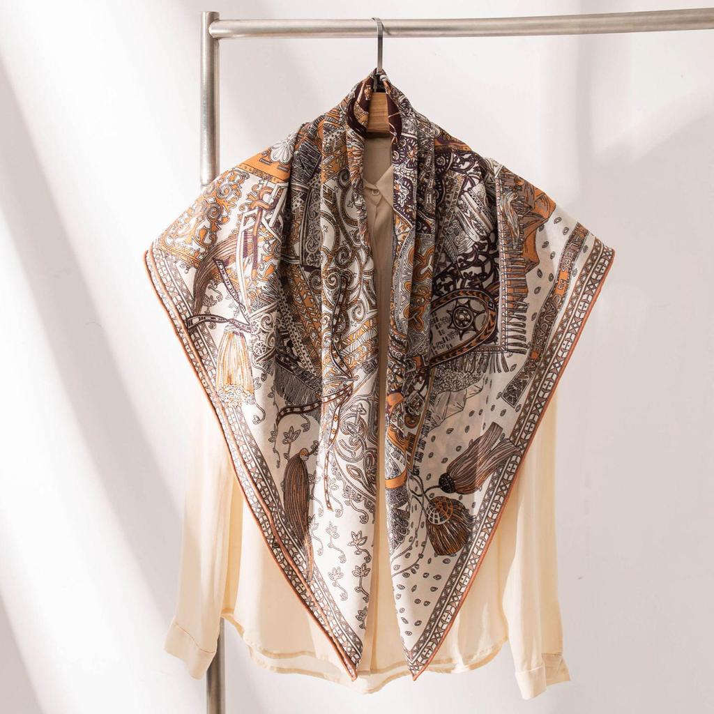 Exotic Knight Silk Wool Square Scarf: Elegant Double-Sided Print, Sun Protection & Neck Warmer