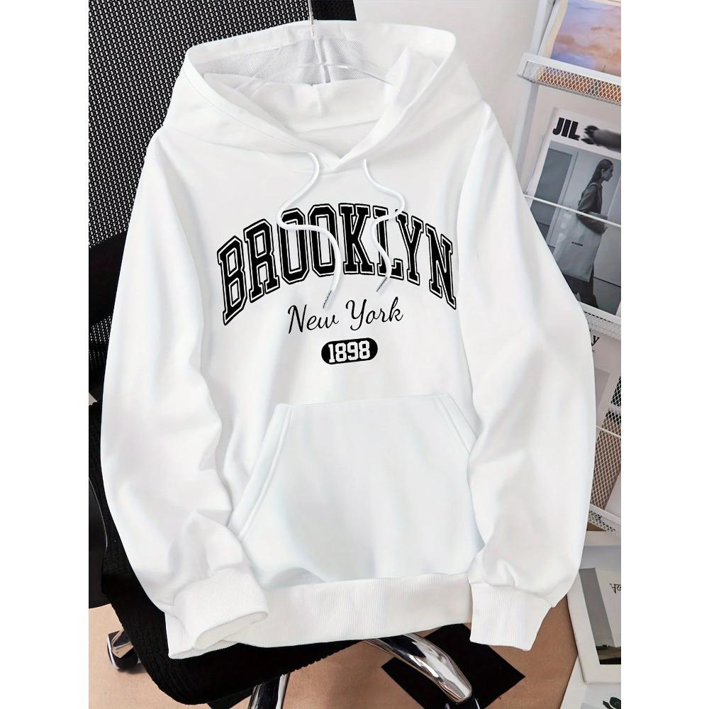 Brooklyn New York 1898 Hoodie Sweatshirt - Casual Hooded Pullover with Drawstring Alphabet Pattern