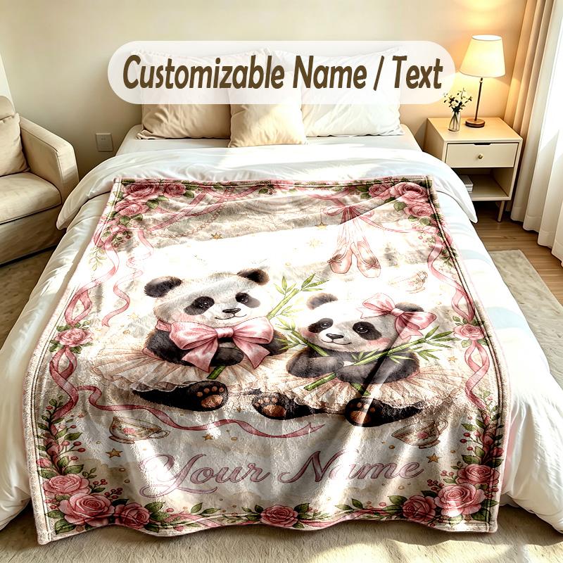 Panda-Thema Benutzerdefinierte Decke Personalisierter Name & Text Angepasste Weiche Warme Überwurfdecke Heimdekoration