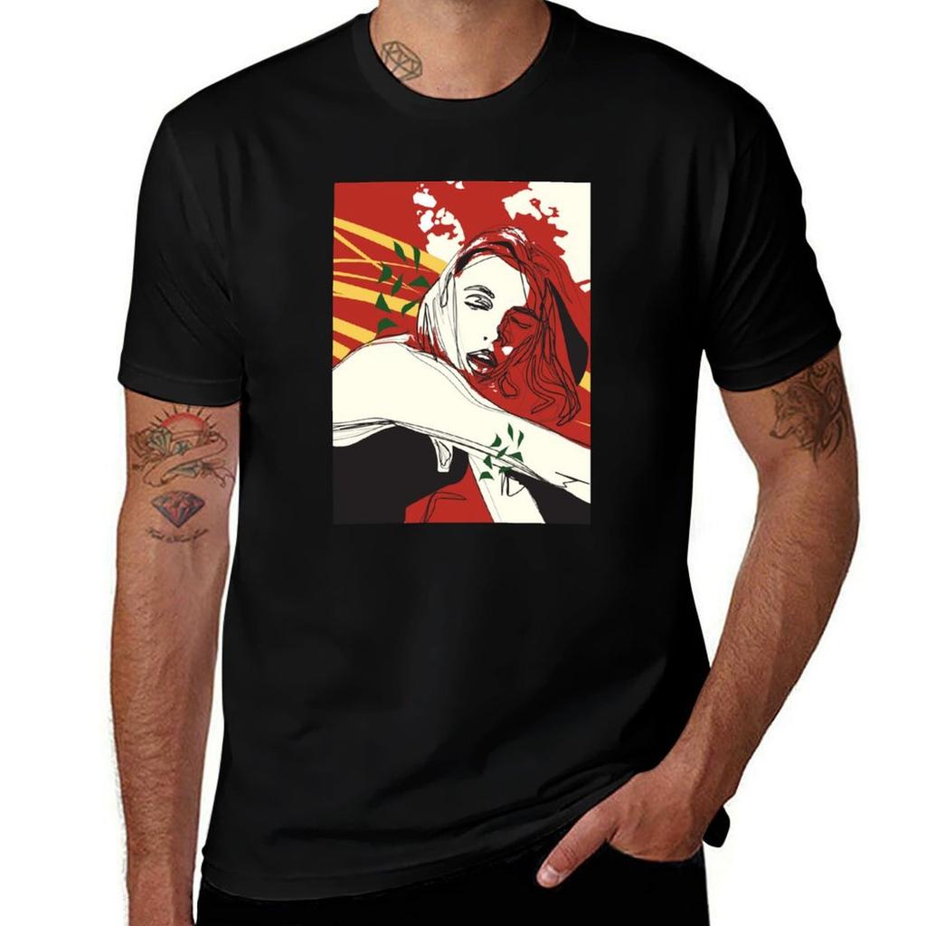 Red Line Art Illustration Unisex with Abstract Leaves TShirt High Quality Durable TShirt