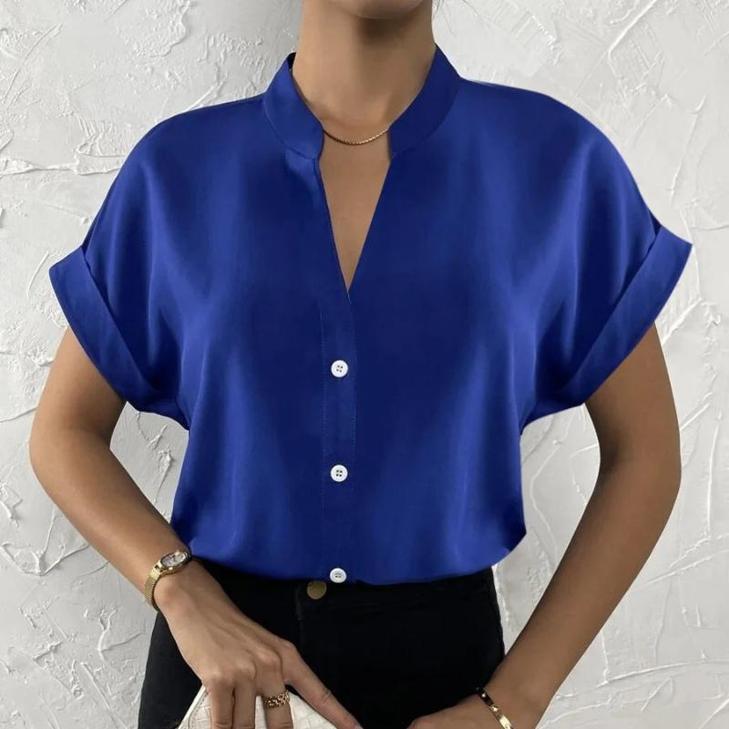 Women Solid Folds PU Leather Button Turn Down Collar Bodycon Working Black Blouse Tops
