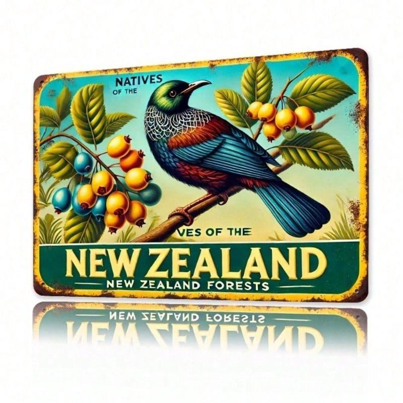Vintage New Zealand Forest Metal Poster, Bird and Leaf Wall Art for Home