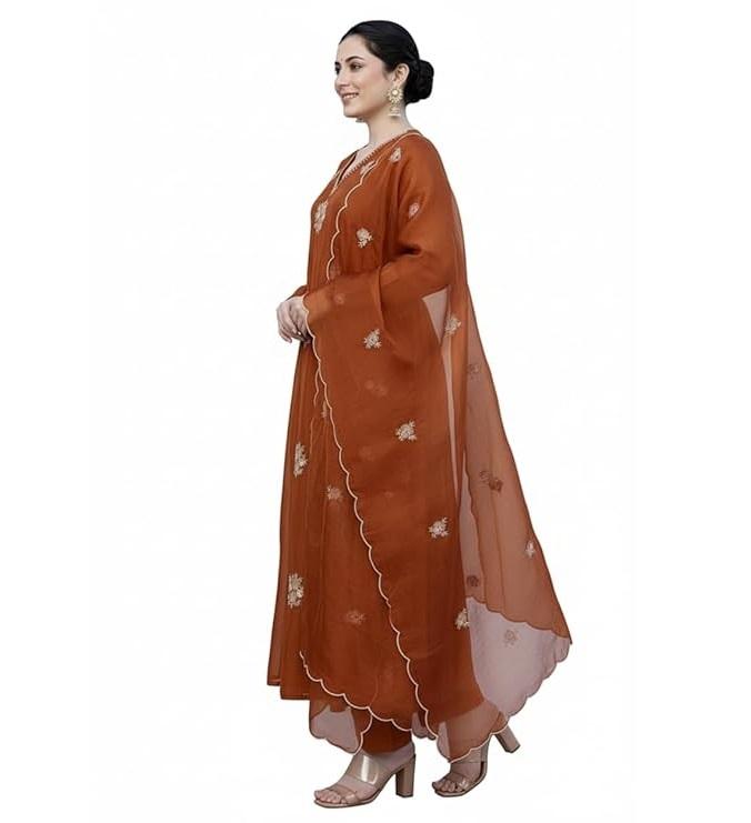 Women Embroidery Solid Anarkali Kurta and Pant Set with Dupatta Set