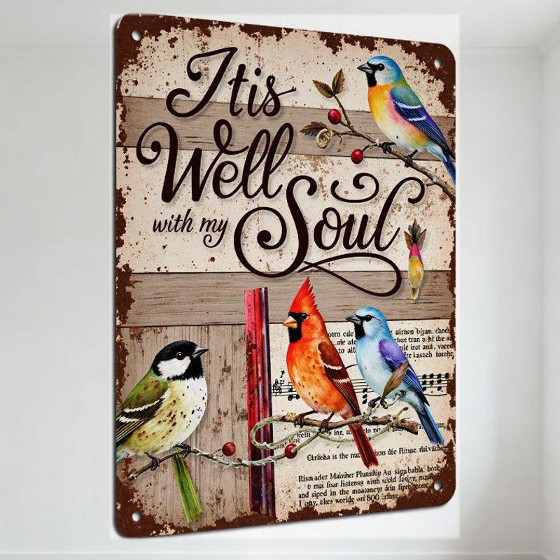 Vintage 'It Is Well With My Soul' Metal Tin Sign, Rustic Birds Cardinal Blue Jay Chickadee Decor, Religious Hymn-Inspired Wall A
