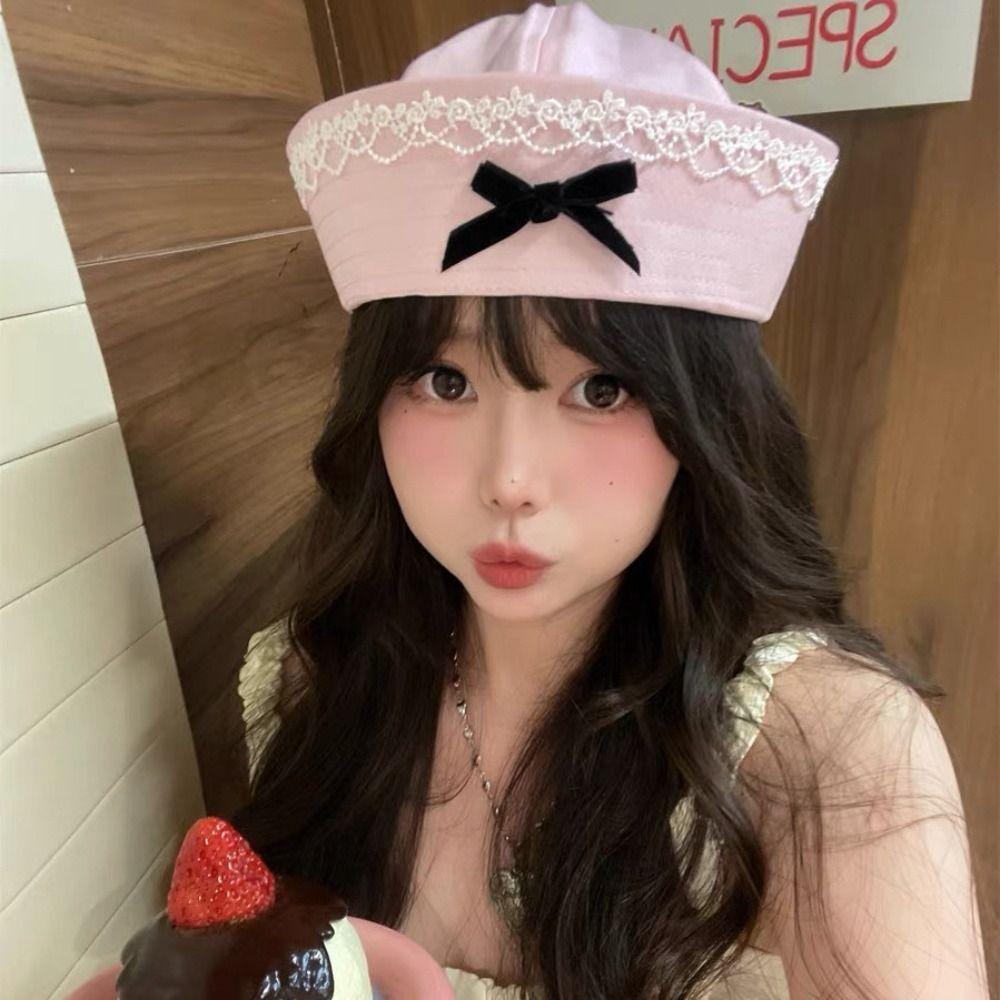 Bow Lace Navy Hat Harajuku Berets Japanese Sailor Caps  Women
