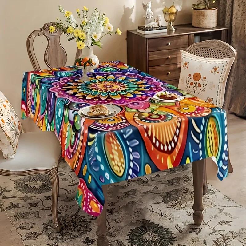 1pc Bohemian Style Tablecloth Multicolor Mandala Floral Print Table Cover For Dining Room Kitchen Party Decorative Dustproof Du