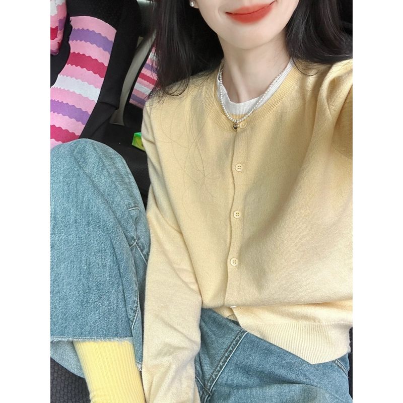 

Korean Gentle Yellow Spring & Fall Soft Glutinous Cardigan Fake Two-Piece Yellow S [Recommendation 70/45.00kg]]