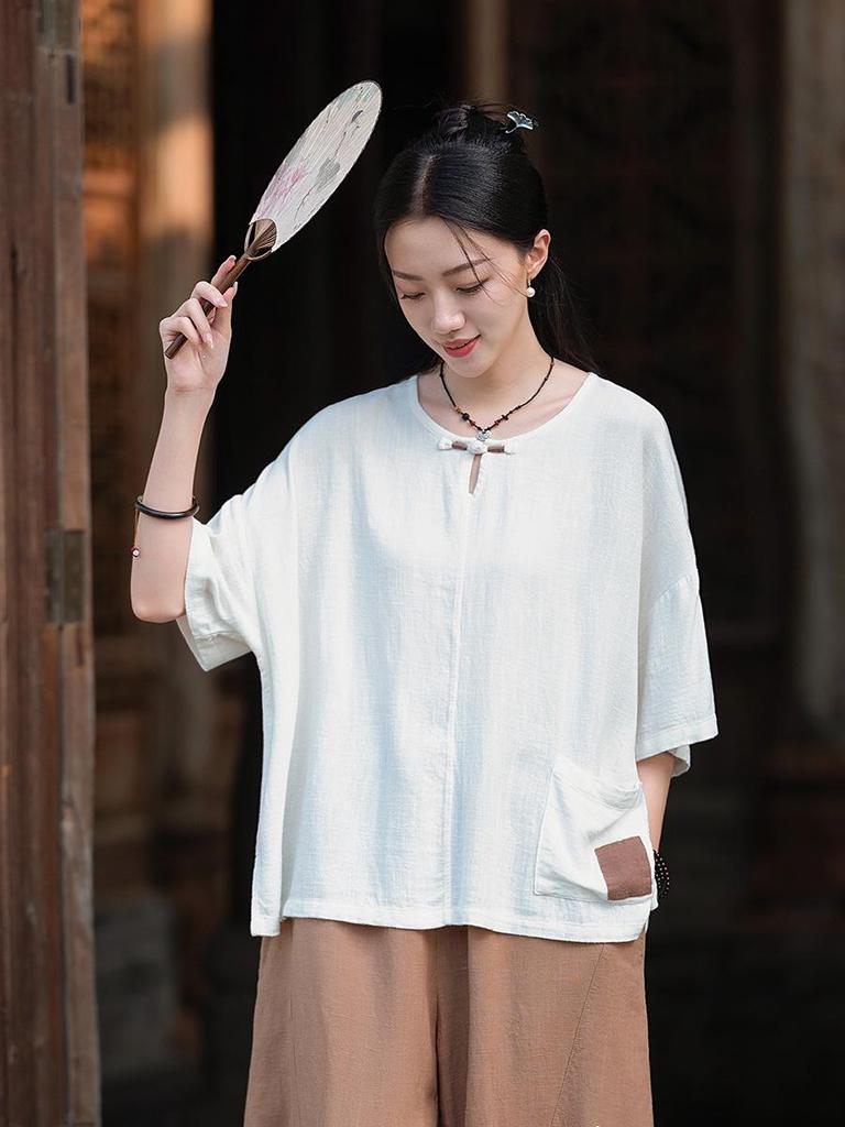 Damski Retro Okrągły Dekolt Guziki Żabki Bawełna Len Krótki Rękaw Top