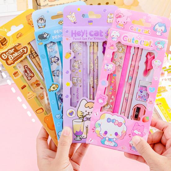 6Pcs Student Stationery Gift Set with Cute Packaging Cartoon Pencil Kit for Kids Elementary School Supplies Classroom Prize Birthday Favor