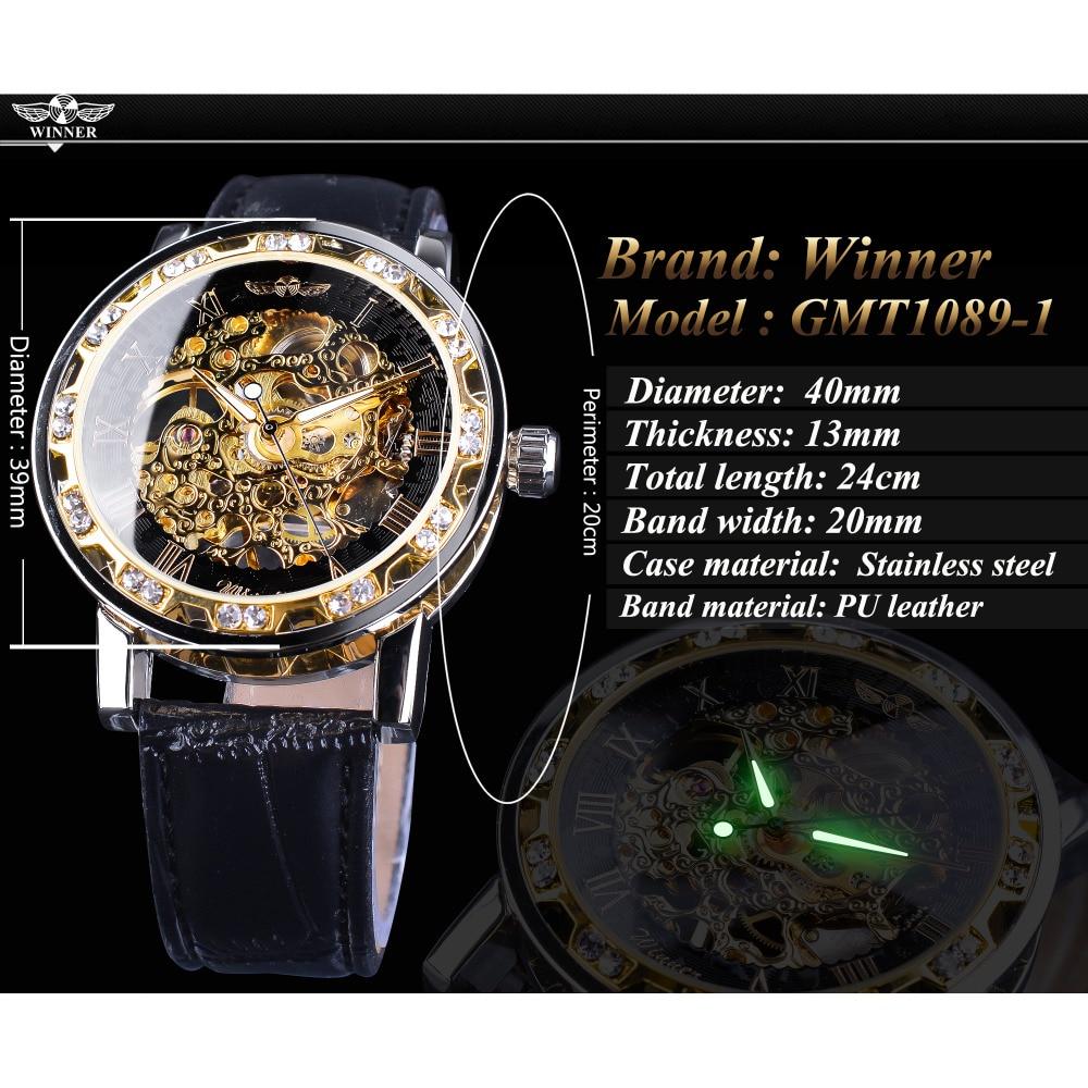 WINNER Orologi da polso meccanici scheletrati da uomo con display a diamante, lancette luminose retrò dorate nere, orologio di lusso delle migliori marche