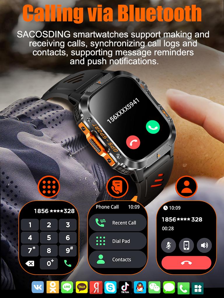 SACOSDING GPS Outdoor Sports Compass BlueTooth Call Smart Watch Waterproof Flashlight Heart Rate Health Smartwatch Information Reminder