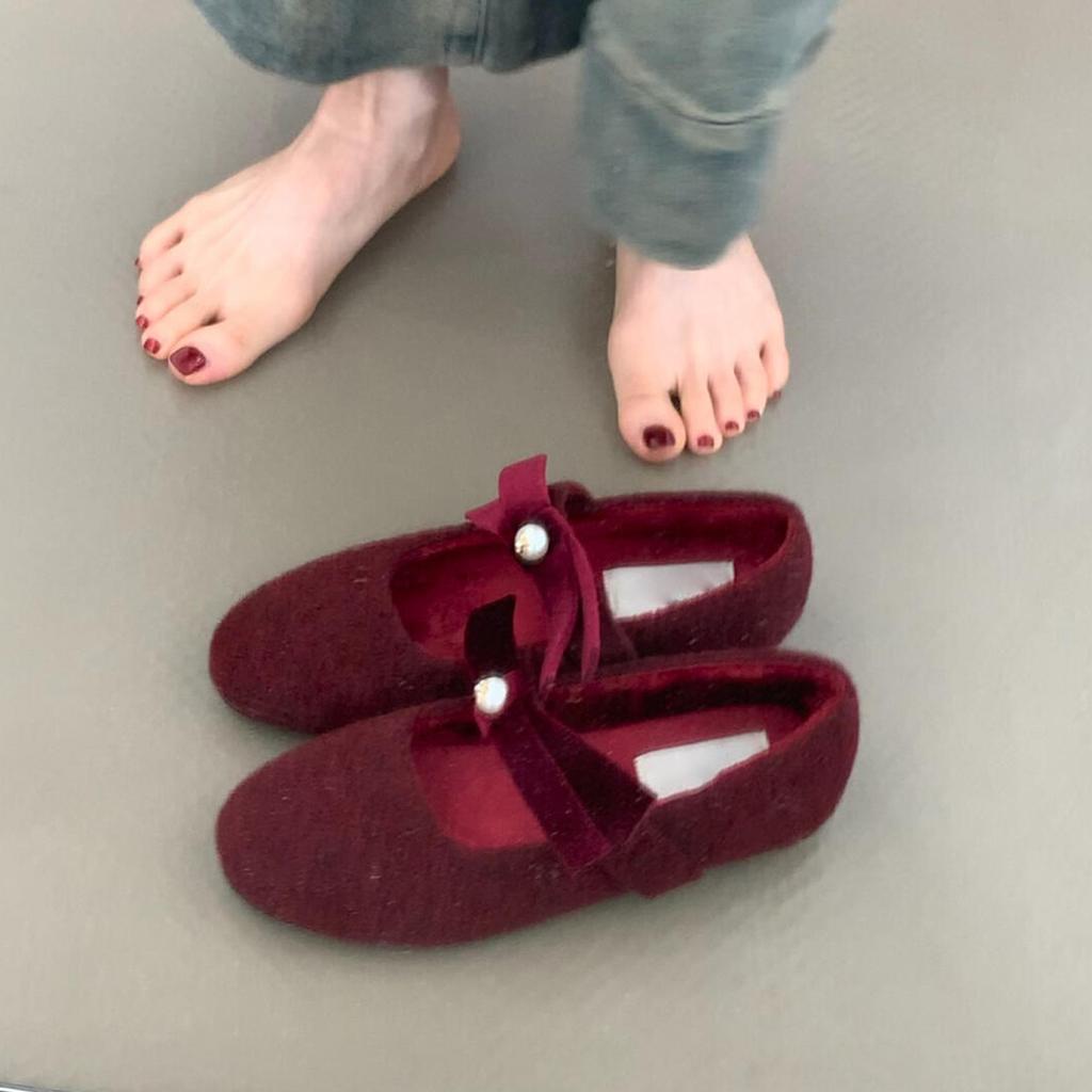 Bow flat bottom black velvet gray one-pedal light mouth single shoes Mary Jane shoes women's fluffy shoes velvet autumn and winter