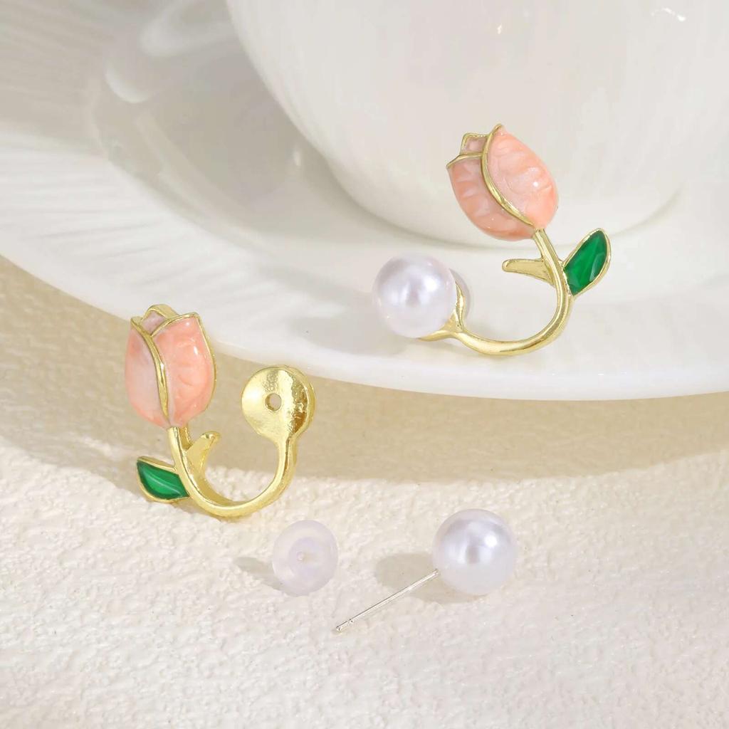 Prjewel Hellrosa Tulpenperlen Ohrstecker Exquisiter Vergoldeter Ohrring für Damen Romantischer Statement-Schmuck Mädchengeschenk