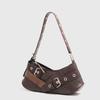 Fashion Niche Retro Brown Black Hot Girl Underarm Bag Motorcycle Shoulder Bag Versatile Baguette Bag