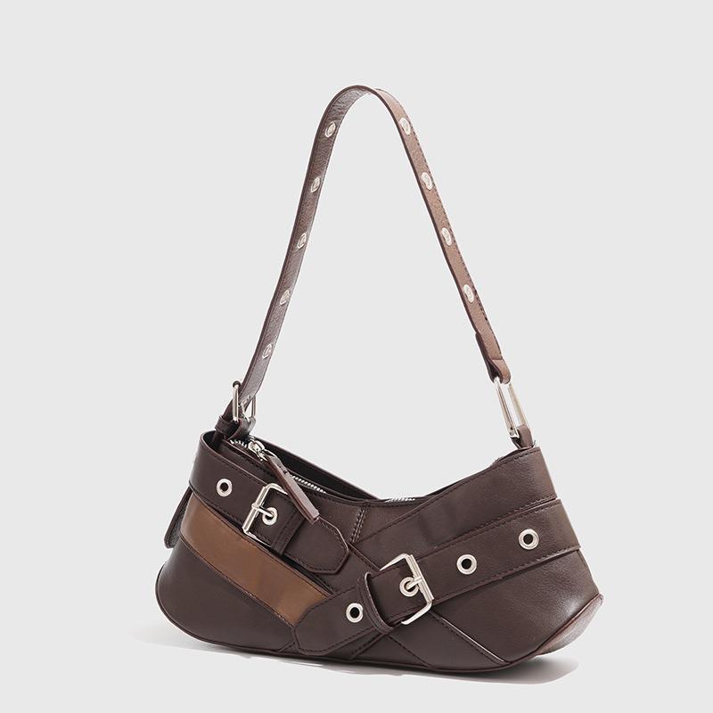 Fashion Niche Retro Brown Black Hot Girl Underarm Bag Motorcycle Shoulder Bag Versatile Baguette Bag