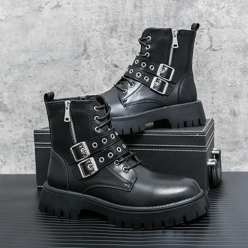 New Black Motorcycle Boots for Men Brown  Lace-up  Round Toe Platform Short Boots Western Boots  Size 38-45