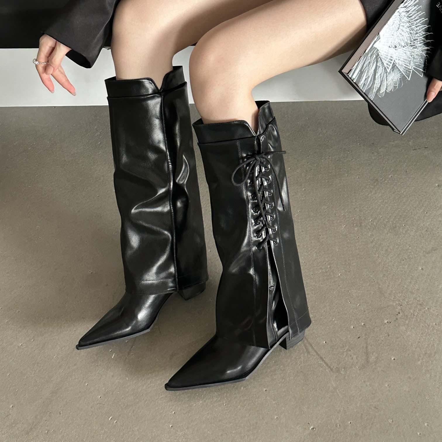 

Pants, boots, but knee boots, women s boots, inner height increase, spring new square head, thin boots, side zipper fashion boots 35 чорний