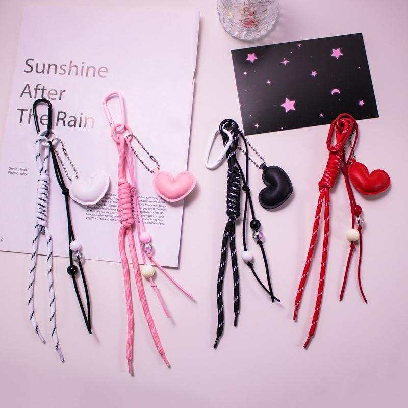 Colorful Hand Braided Rope Roman Knot Keychain Pendant Sweet Leather Heart Charm Bag  Hanging Ornaments Car Keyring Gifts