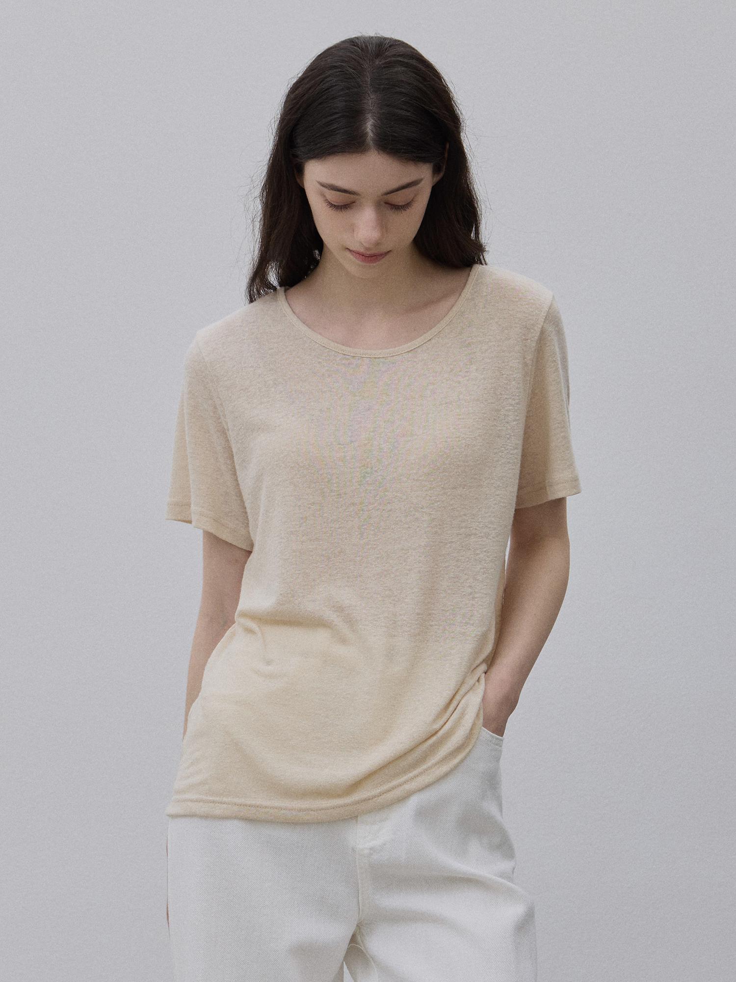 Le Studio Basic Linen T-Shirt Beige Light Beige/Free