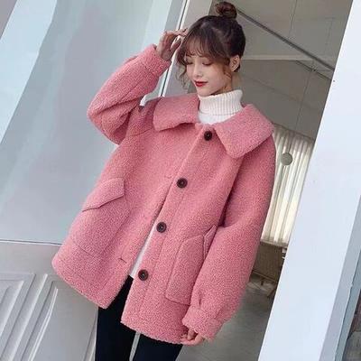 Thickened Lamb Wool Integrated Square Collar Pocket Jacket Women's Autumn and Winter Plush Large Size Single-breasted Loose Women's Coat
