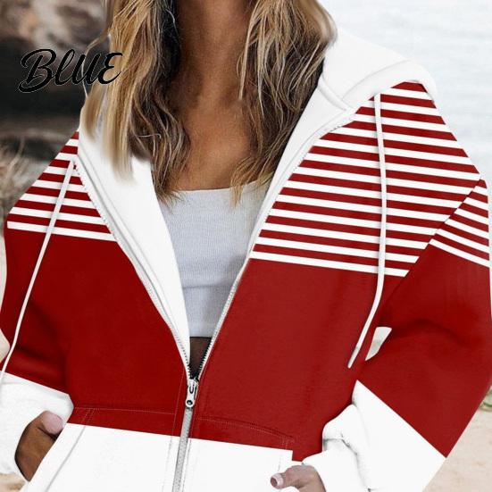 Loose Fit Women Jacket Fall Winter Hoodie Zipper Closure Casual Breathable Striped Coat with Pockets Drawstring Hooded Long Sleeves Top