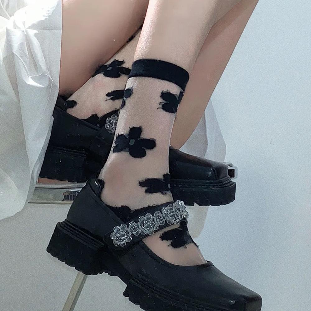 New Korean Version Crystal Silk Ins Hyunya Style Flower Medium Tube Socks Crystal Glass Silk Love Stacking Socks Thin Socks