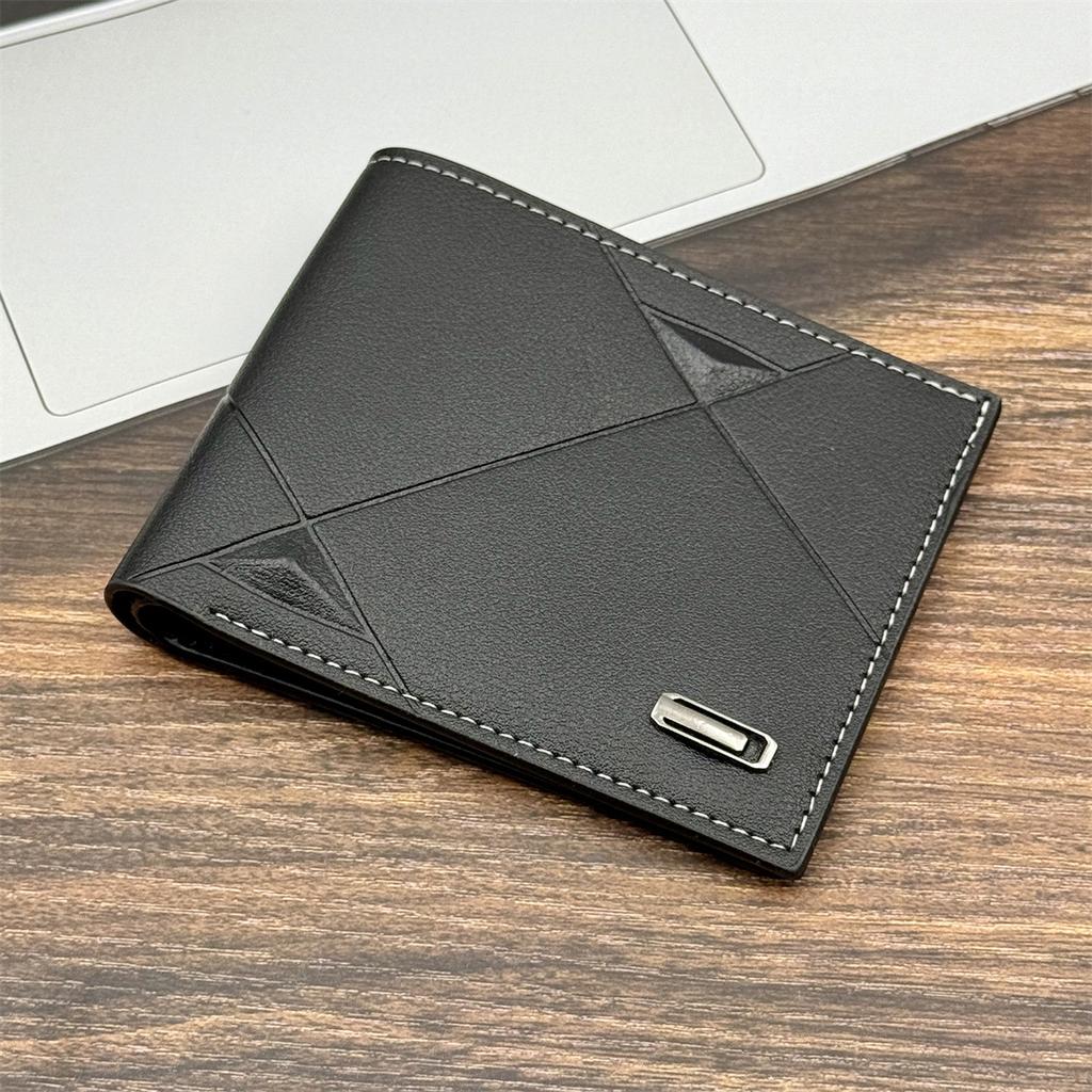 Men’s Leather Wallet Bifold Short Wallet Geometric Patchwork Design with ID Window Card Holder Slim Business Wallet