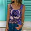 Fashion Woman Sleeveless Round Neck Rose Print Blouse Summer Casual T-shirt Loose Vest Shirts Elegant And Youth Top 25440