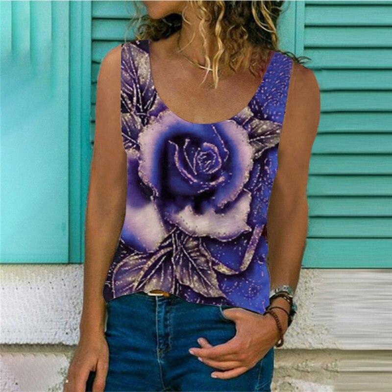 Fashion Woman Sleeveless Round Neck Rose Print Blouse Summer Casual T-shirt Loose Vest Shirts Elegant And Youth Top 25440