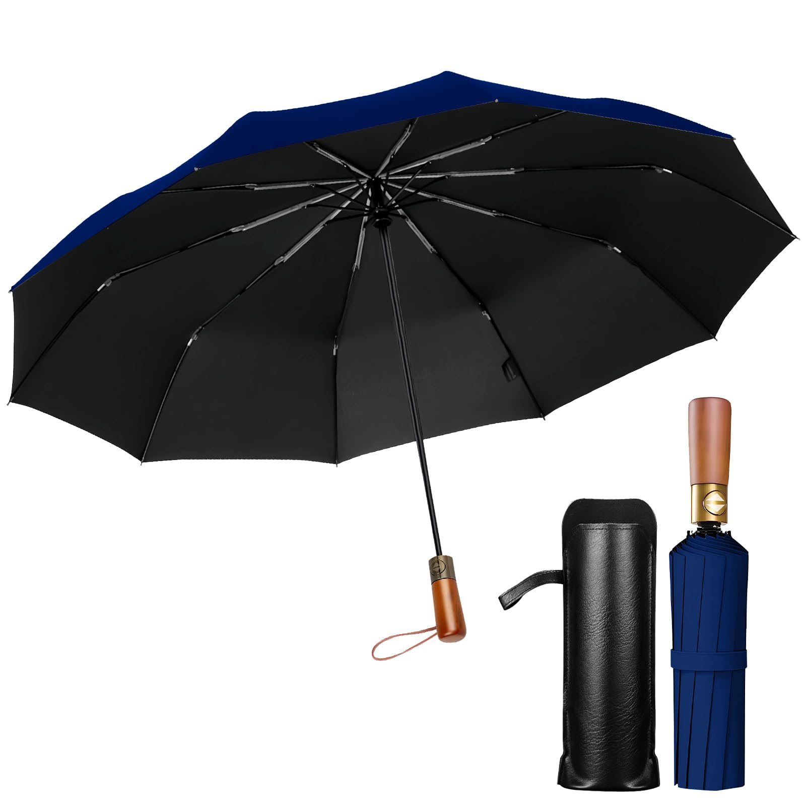 

Британский 10-спицевый складной зонт с ручкой из натурального дерева. Деревянный, автоматический. Подходит для солнца и ветра, непромокаемый при сильном дожде. Чехол для хранения. Легкий, теплоотражающий, УФ-защита. синий