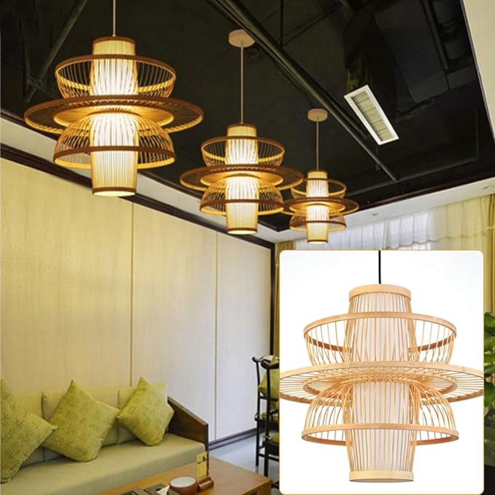 40/50CM E27 Base Handmade Bamboo Wooden Decor Chandelier Lights Pastoral Retro Pendant Lights for Restaurant Kitchen Bedroom Bar