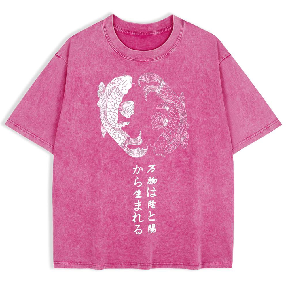 Japanese Koi Harajuku Printed Washed T-Shirts Mens Cotton Short Sleeve Tops Casual O-Neck Oversize T Shirt Soft Clothes