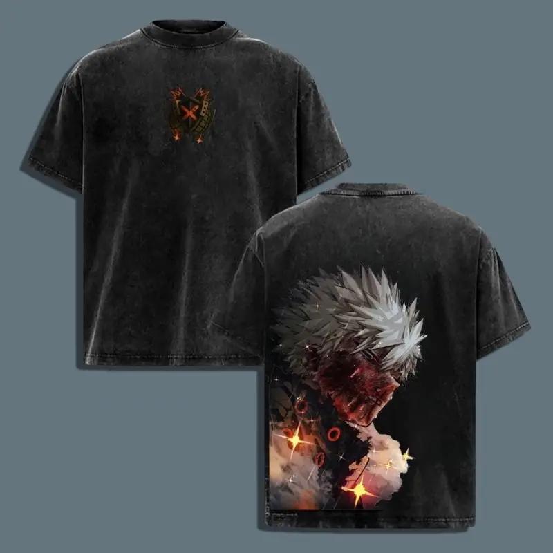 Bakugou Katsuki Print T-shirt Anime My Hero Academia Clothing Men Women Cotton Tshirts Retro Washed T Shirt Harajuku Male Tops