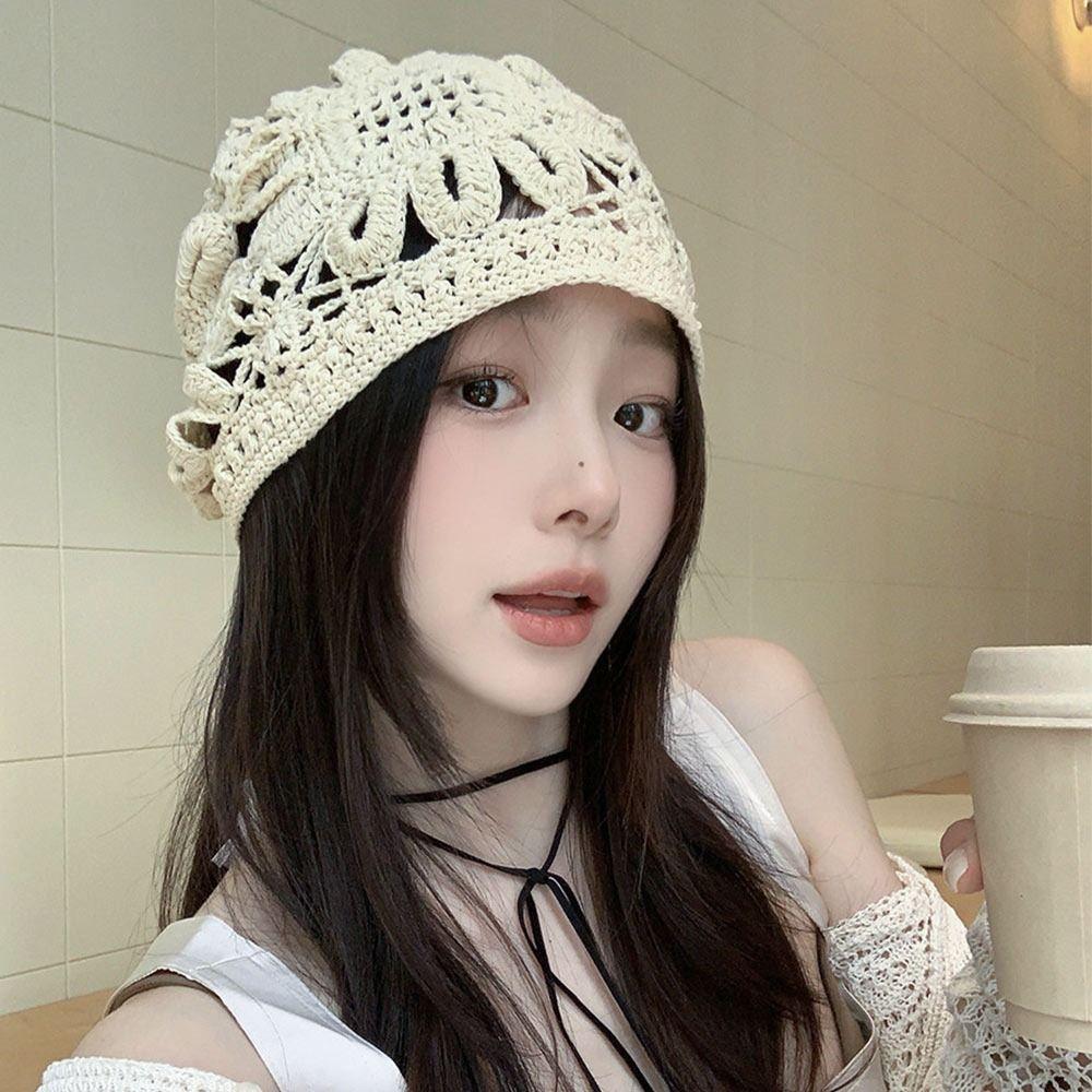 Blomster Baret Lue Blonder Skullies Lue Pustende Strikkelue for Kvinner