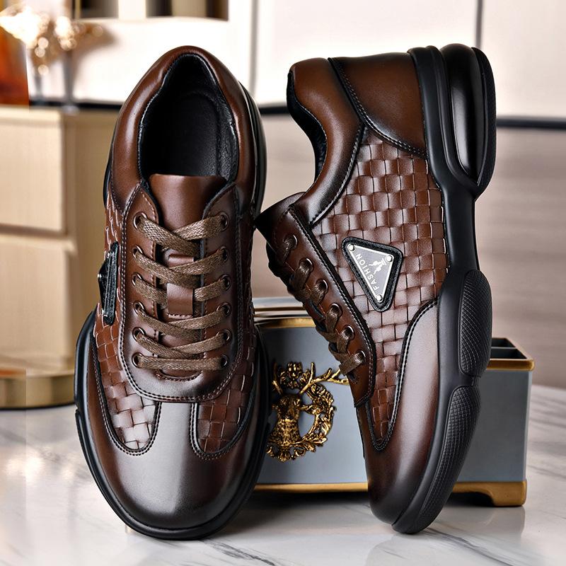 Casual leather shoes men's spring new woven fashion men's shoes men's soft-soled breathable lace-up round head sports casual shoes