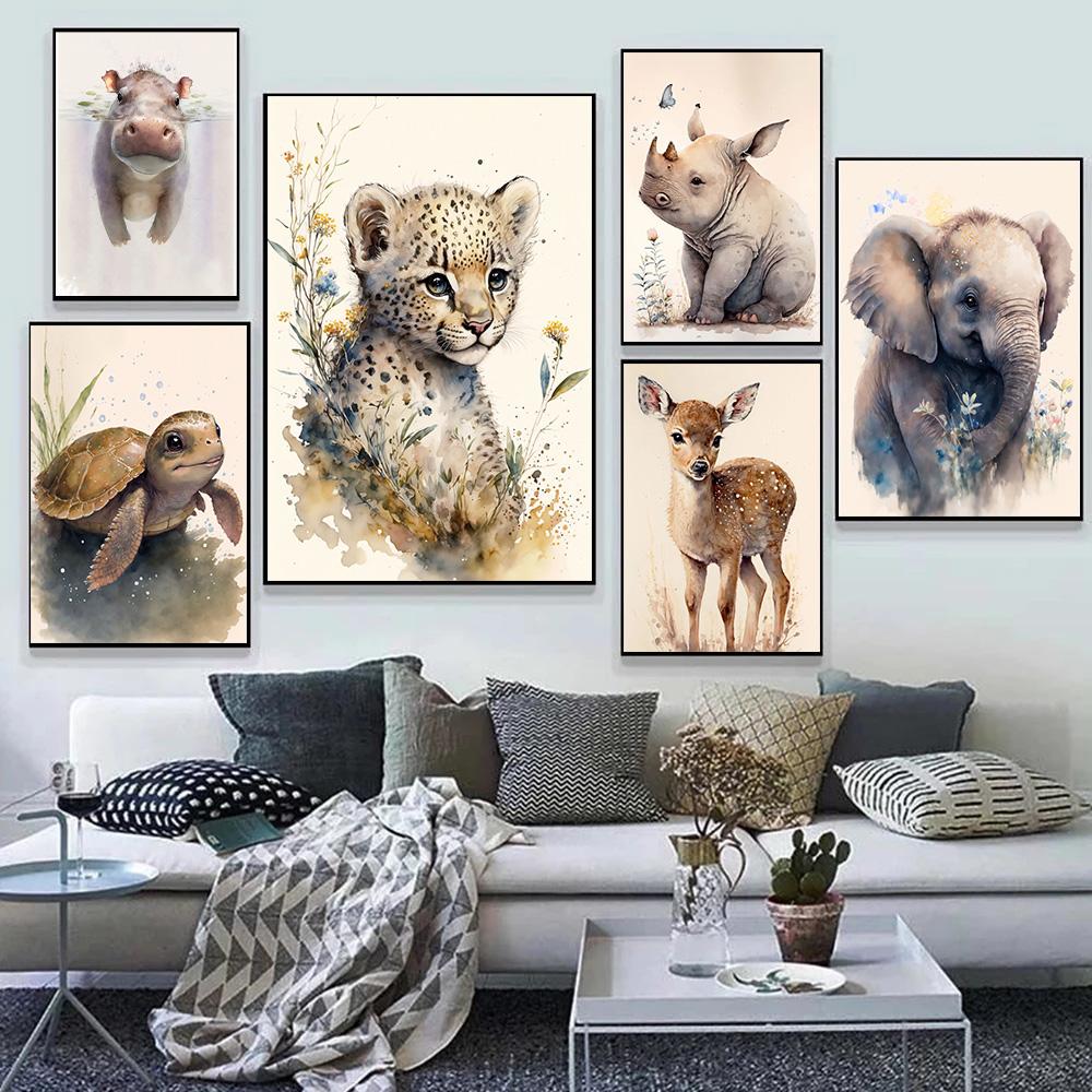Watercolor Baby Animals Cute Warmth Prints Poster Canvas Painting Modern Wall Art Pictures Living Room Bedroom Home Decoration