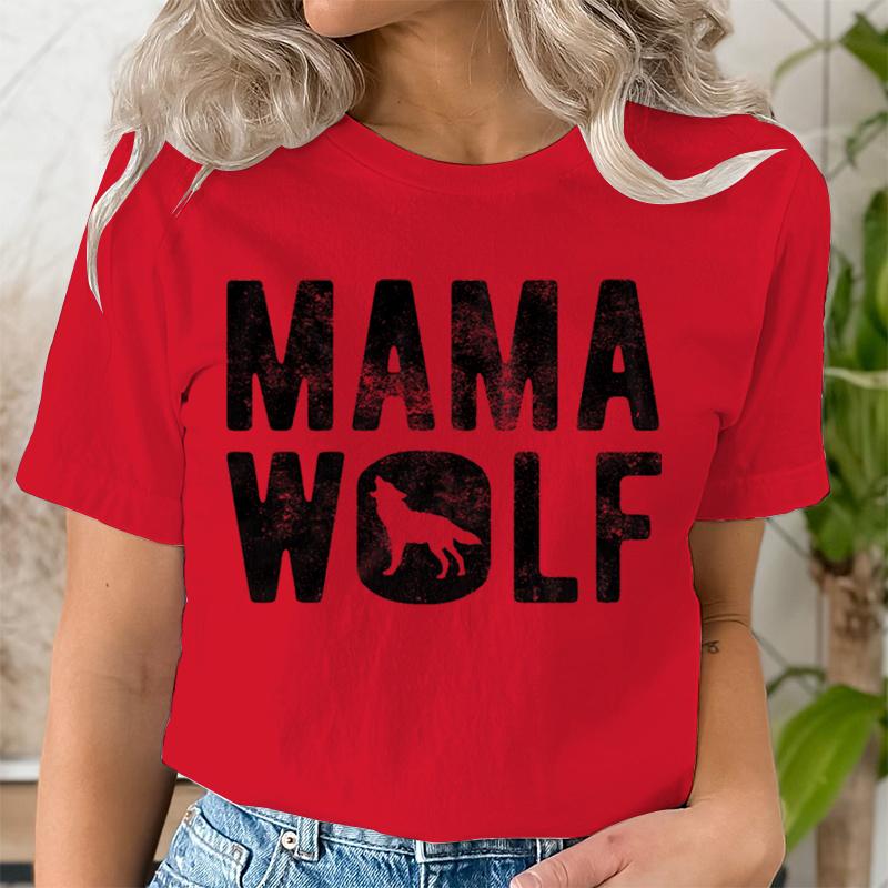 Mama Wolf Print T Shirt for Women Kawaii Graphic Shirts Casual Short Sleeved Black Vintage Female Tee O-neck Harajuku T-shirts