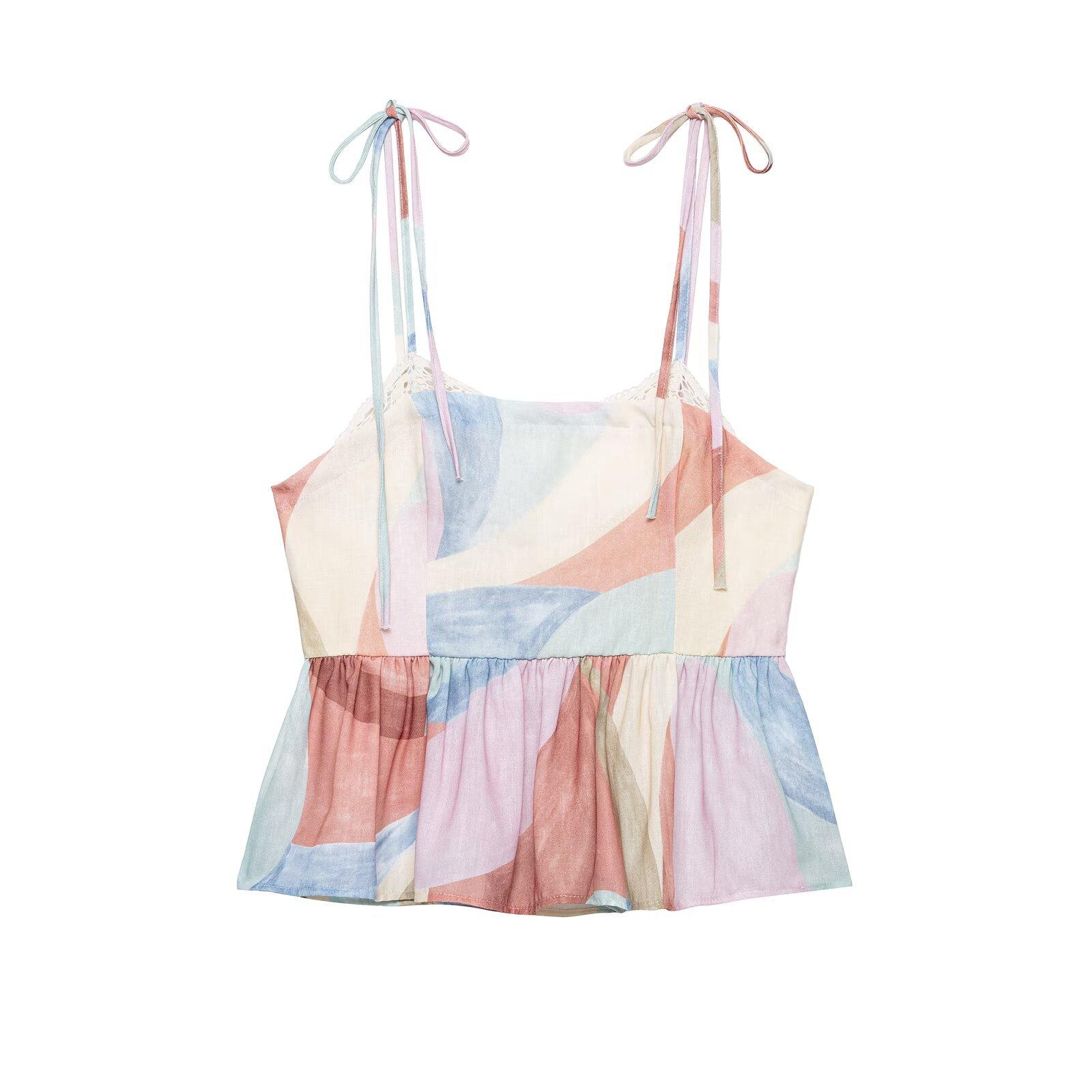 European and American style, new women s clothing, waist bow suspender lace pleated printed wide-leg pants XS