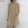 Women Casual Round Neck Solid Color Sleeveless Dress