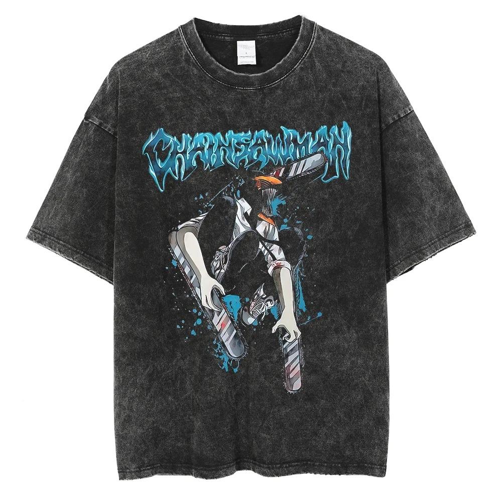Chainsaw Man Power & Cat Blood Splatter Vintage Washed Anime T-Shirt, Unisex Manga Fan Streetwear Tee, 100% Cotton Casual Short Sleeve Top
