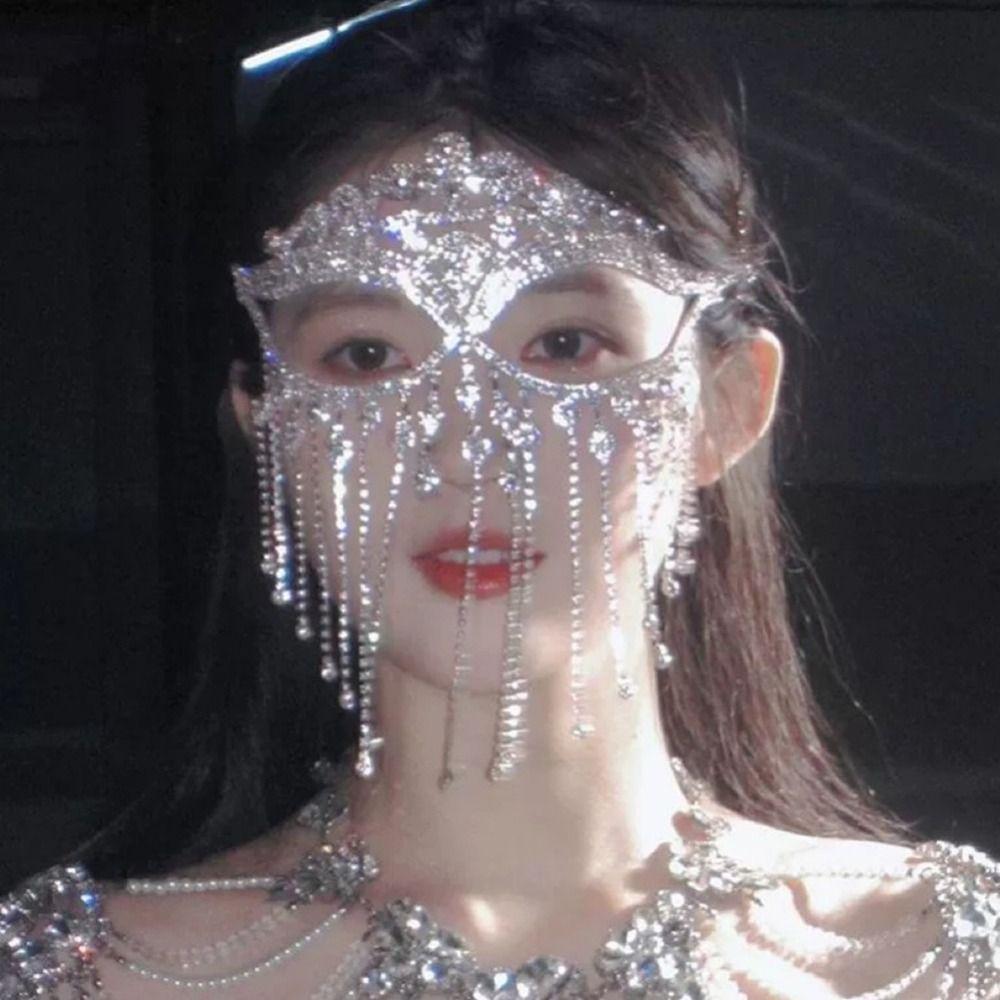 Full Face Masquerade Mask Veil Facial Jewelry Accessories Personality Rhinestone Mask Party