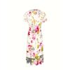 Elegant plus-size fitted dress with round neck short sleeves, floral pattern, medium stretch