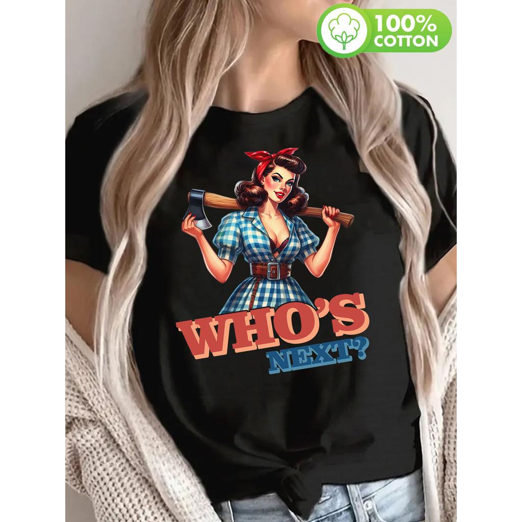 

Футболка з коротким рукавом і круглим вирізом - М який дихаючий зручний повсякденний топ на літо та весну - Жіноча мода на кожен день, вінтажна мода, милий принт XXL чорний