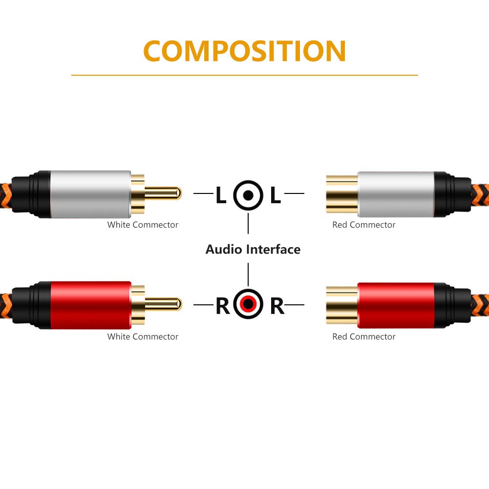 RCA Extension Cable LiuTian Dual Shielded Gold Plated Heavy Duty Nylon Braided 2RCA Male To 2RCA Female Stereo Audio for Home 2M, Cable, Theater,