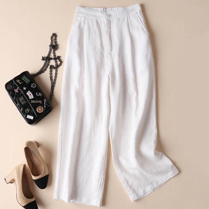 Women's Spring 2025 Wide-Leg Linen Blend Pants - Loose, Lightweight, Solid Color, Nine-Point Straight Leg.
