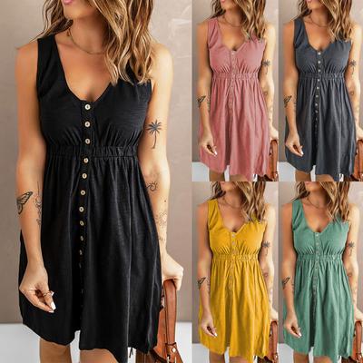 Women's Casual V Neck Sleeveless Button Down Dress Summer Elastic Waist A-Line Swing Tank Dresses